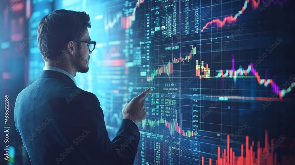 Businessman Analyzing Financial Data on a Screen Businessman Analyzing Financial Data on a Screen