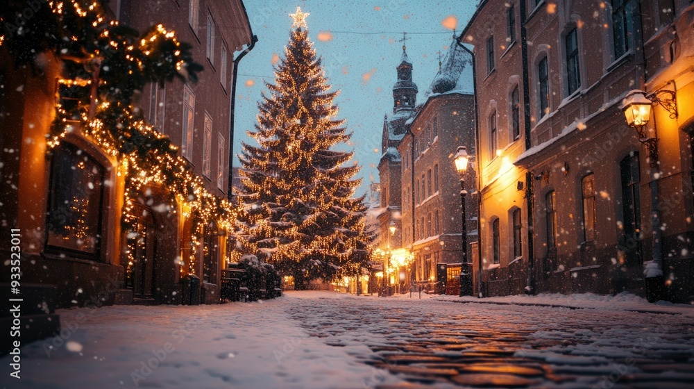 A serene Christmas scene in Tallinn's Town Hall Square, with the soft glow of holiday lights, a majestic Christmas tree, and snow gently falling on the cobblestones. A serene Christmas scene in Tallinn's Town Hall Square, with the soft glow of holiday lights, a majestic Christmas tree, and snow gently falling on the cobblestones.