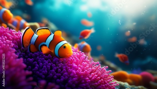 A vibrant clownfish swims gracefully among colorful coral in a serene underwater scene, showcasing marine life diversity.