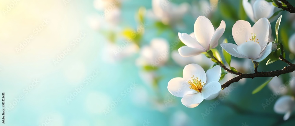 Delicate white flowers blooming on a branch, set against a soft, dreamy background that enhances their beauty and serenity. Delicate white flowers blooming on a branch, set against a soft, dreamy background that enhances their beauty and serenity.
