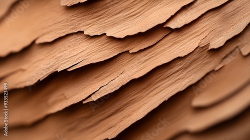 Macro shot of shagbark hickory bark, featuring detailed strips peeling away, showcasing its coarse texture and natural character photo