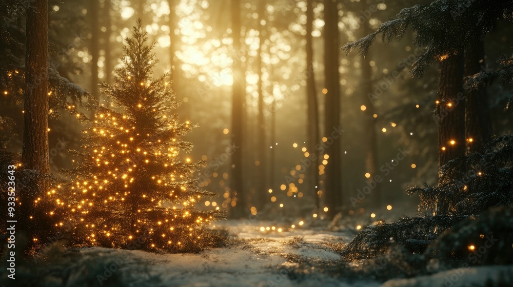 A serene winter forest with a Christmas fir tree, its branches twinkling with lights and bathed in warm sunlight. A serene winter forest with a Christmas fir tree, its branches twinkling with lights and bathed in warm sunlight.
