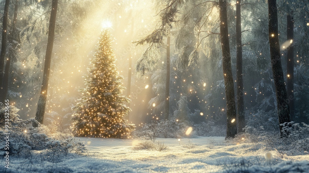 A serene winter forest with a Christmas fir tree, its branches twinkling with lights and bathed in warm sunlight. A serene winter forest with a Christmas fir tree, its branches twinkling with lights and bathed in warm sunlight.