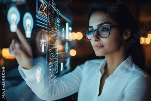 A professional woman using a high-tech touchscreen interface, symbolizing the modern integration of technology, innovation, and data analysis in contemporary work environments.