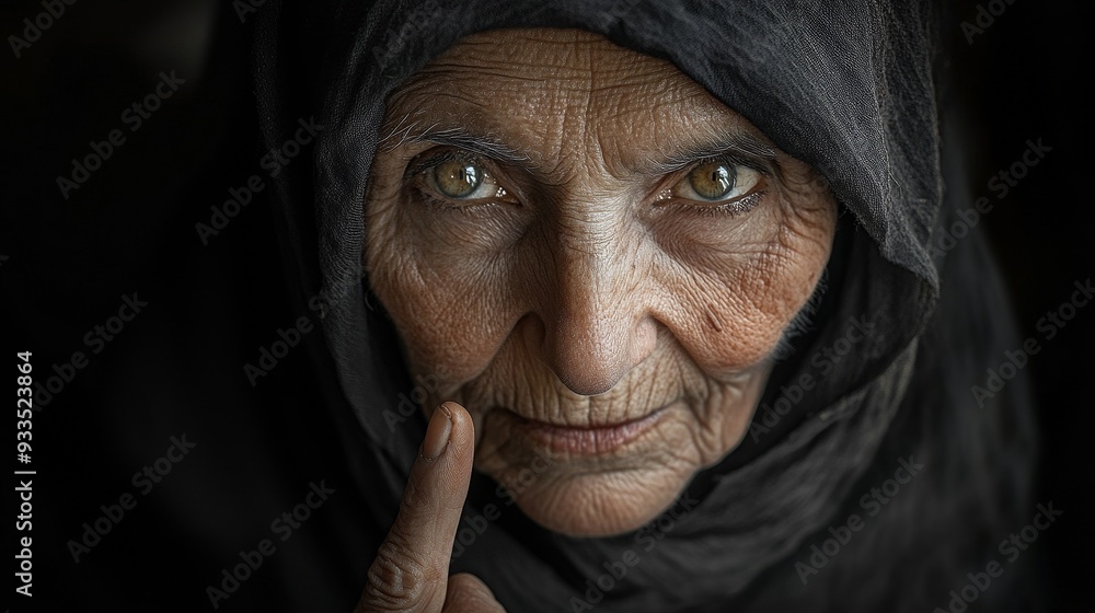 The elderly woman wearing a dark scarf looked straight at the audience with a sly and intelligent gaze, a mysterious smile, and raised fingers symbolizing the secret she was about to reveal. The elderly woman wearing a dark scarf looked straight at the audience with a sly and intelligent gaze, a mysterious smile, and raised fingers symbolizing the secret she was about to reveal.