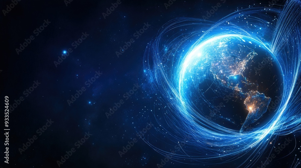 Obraz premium A glowing Earth globe with fiber optic strands swirling around it, symbolizing global connectivity and advanced technology, with space for text.