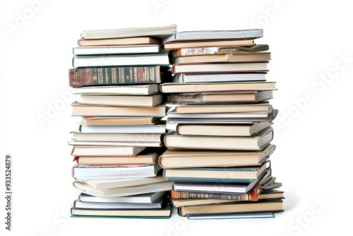 A diverse collection of books stacked on a white background represents education, reading, and knowledge, emphasizing the importance of a varied literary collection.