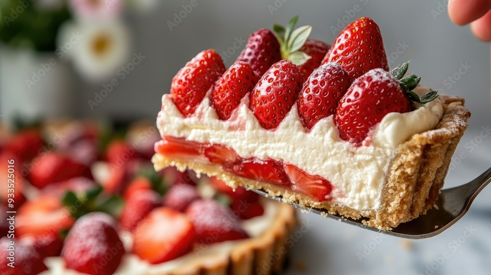 A slice of strawberry and hop cream tart being lifted from the whole tart, showing the creamy layers and juicy strawberries. A slice of strawberry and hop cream tart being lifted from the whole tart, showing the creamy layers and juicy strawberries.