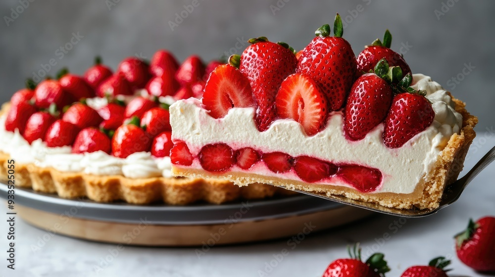 A slice of strawberry and hop cream tart being lifted from the whole tart, showing the creamy layers and juicy strawberries. A slice of strawberry and hop cream tart being lifted from the whole tart, showing the creamy layers and juicy strawberries.