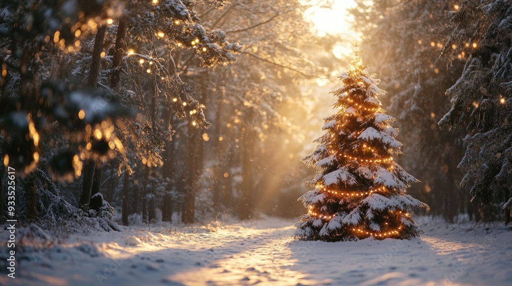 A snowy Christmas fir tree in a winter forest, sunlight streaming through the trees, with garland lights adding a festive touch. A snowy Christmas fir tree in a winter forest, sunlight streaming through the trees, with garland lights adding a festive touch.