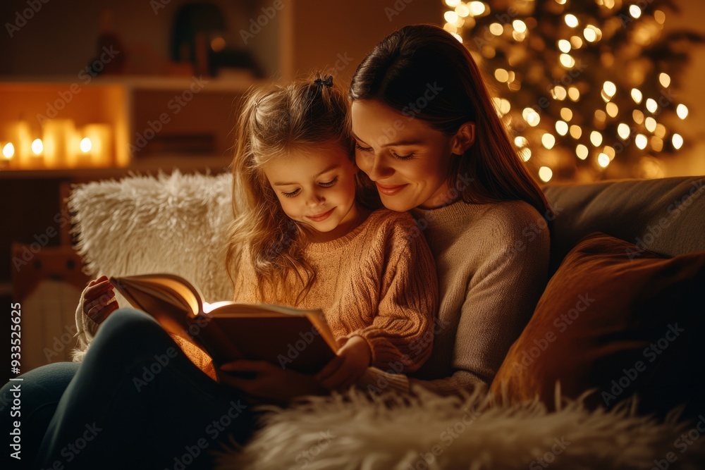 A heartwarming scene of a mother and daughter bonding over a book in a cozy home. Soft lighting creates a magical atmosphere. Perfect for family moments. Generative AI A heartwarming scene of a mother and daughter bonding over a book in a cozy home. Soft lighting creates a magical atmosphere. Perfect for family moments. Generative AI