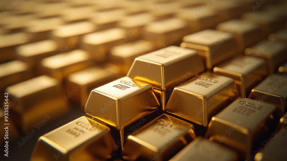 A close-up view of stacked gold bars showcases their luxurious and shiny surface. Create a sense of financial stability, investment security, and economic prosperity. A close-up view of stacked gold bars showcases their luxurious and shiny surface. Create a sense of financial stability, investment security, and economic prosperity.