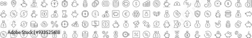 Piggy Bank, Dollar, Coin, Percent Line Icon Pack. Editable Stroke. Minimalistic Linear Pictogram for Design of Cards, Apps, Banners, Posts