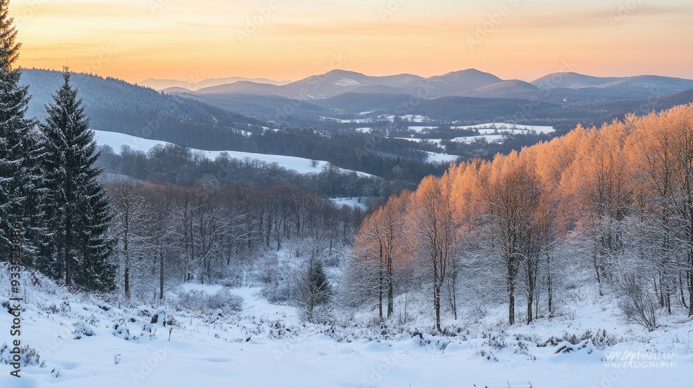 A snowy winter landscape in Bieszczady, Poland, with the warm hues of a sunset lighting up the forest and mountains. A snowy winter landscape in Bieszczady, Poland, with the warm hues of a sunset lighting up the forest and mountains.