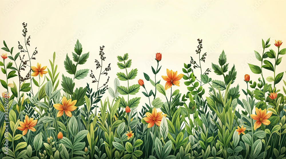 Fototapeta premium Seamless horizontal floral border with wildflowers, herbs and grass on light background. Botanical illustration in vintage style. Summer meadow nature design for banner, border, print, textile