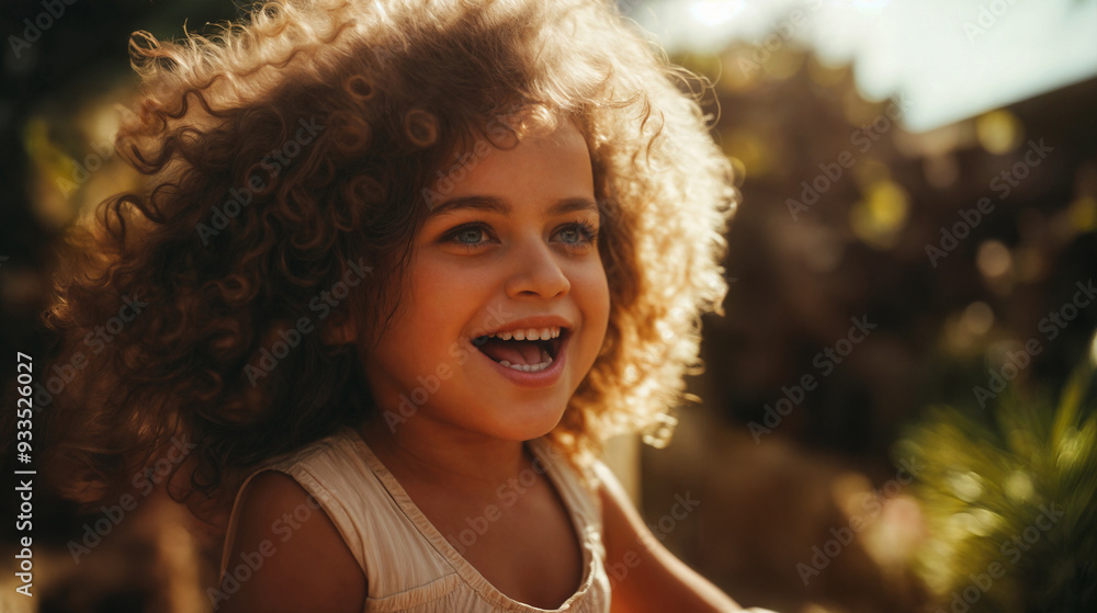 Smiling young girl with curly brown hair outdoors. Childhood, happiness, carefree concept. For design, print, banner, poster, social media Smiling young girl with curly brown hair outdoors. Childhood, happiness, carefree concept. For design, print, banner, poster, social media