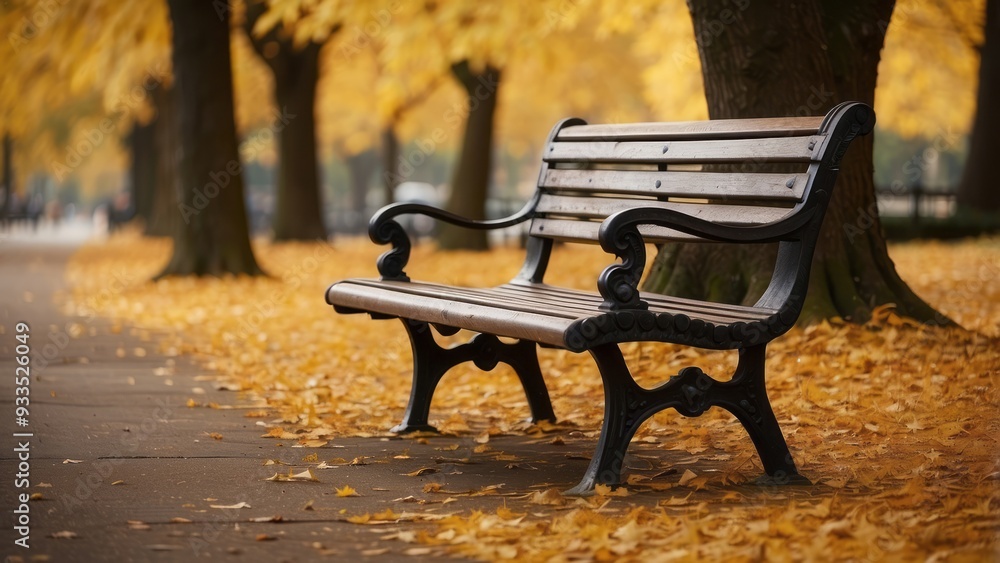 A Wooden Park Bench Surrounded by Fallen Autumn Leaves A Wooden Park Bench Surrounded by Fallen Autumn Leaves