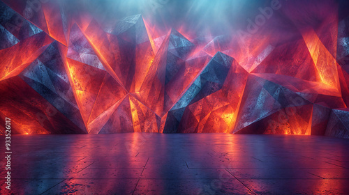 Abstract landscape with glowing crystals. Synthwave, retrowave style. Futuristic and vibrant concept. Background for design, wallpaper, or poster photo