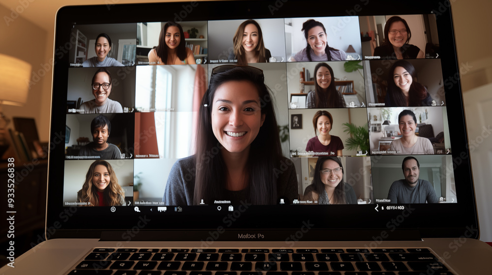 Video Conferencing: Screens showing a grid of faces during a virtual class, with a student actively participating. Video Conferencing: Screens showing a grid of faces during a virtual class, with a student actively participating.