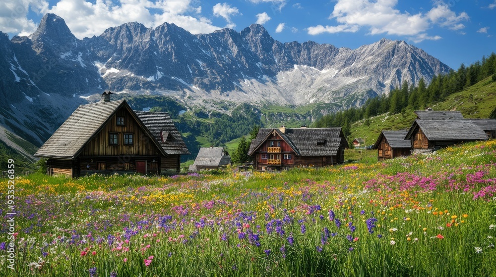 A stunning panorama of the Tatra Mountains in Poland, with colorful flowers blooming in Gasienicowa Valley and charming cottages nestled below. A stunning panorama of the Tatra Mountains in Poland, with colorful flowers blooming in Gasienicowa Valley and charming cottages nestled below.