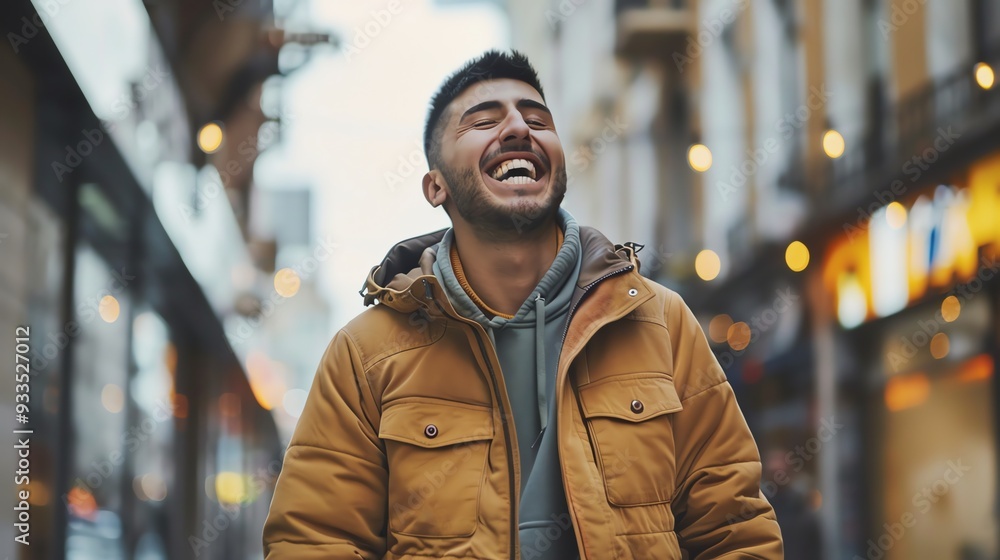 A man in a brown jacket laughs. A man in a brown jacket laughs.
