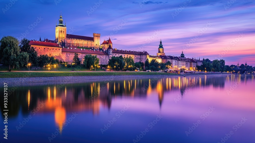 Fototapeta premium A stunning view of Wawel Castle in Krakow at twilight, with the castle illuminated against a purple-blue sky, and the Vistula River reflecting the serene ambiance.