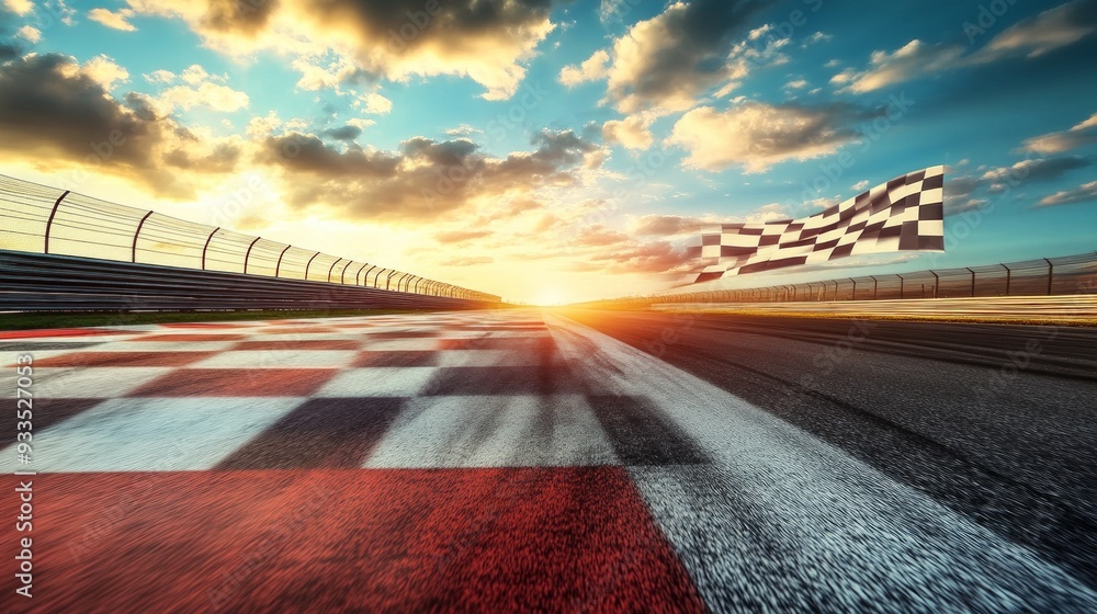 Obraz premium Race Track Finish Line with Checkered Flag at Sunset