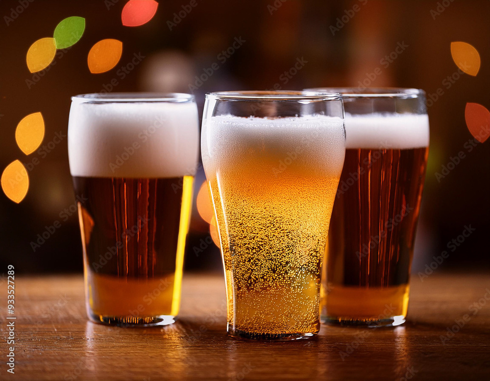 Glass of beer with bottles in the background, dark background Glass of beer with bottles in the background, dark background