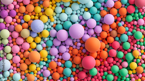 Many bright random pastel colored soft balls background. Colorful balls background for kids zone or children's playroom. Top view of huge pile of colorful balls in different sizes. Vector illustration