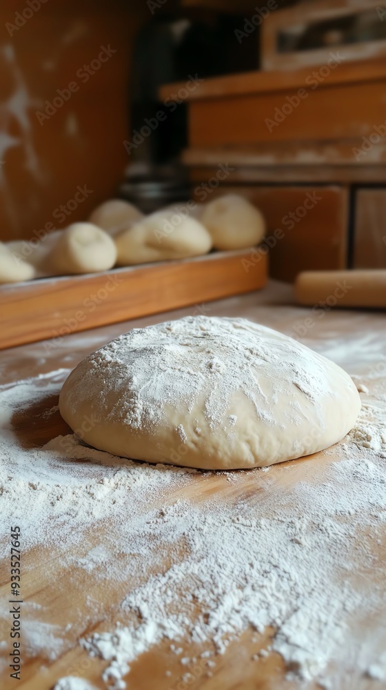 Freshly kneaded dough resting on a wooden surface, covered with flour, ready for baking in a cozy kitchen environment. Freshly kneaded dough resting on a wooden surface, covered with flour, ready for baking in a cozy kitchen environment.