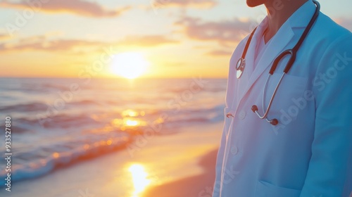 Doctor in white coat on beach at sunrise, stethoscope around neck, serene atmosphere, inviting space for text, symbolizes health and hope by the ocean.