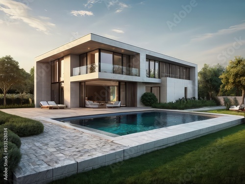 Traditional mediterranean white house with pool,Modern backyard of a swimming pool with house,Trendy outdoor modern house, awning and patio roof, garden lounge, chairs, metal grill surrounded by lands