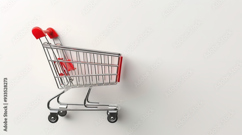 Miniature toy grocery cart standing on red background Miniature toy grocery cart standing on red background