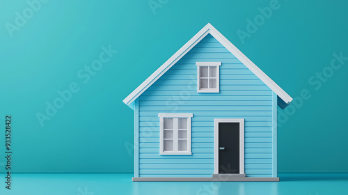 A charming blue house with white trim, standing against a vibrant turquoise background, ideal for real estate and home-themed projects.