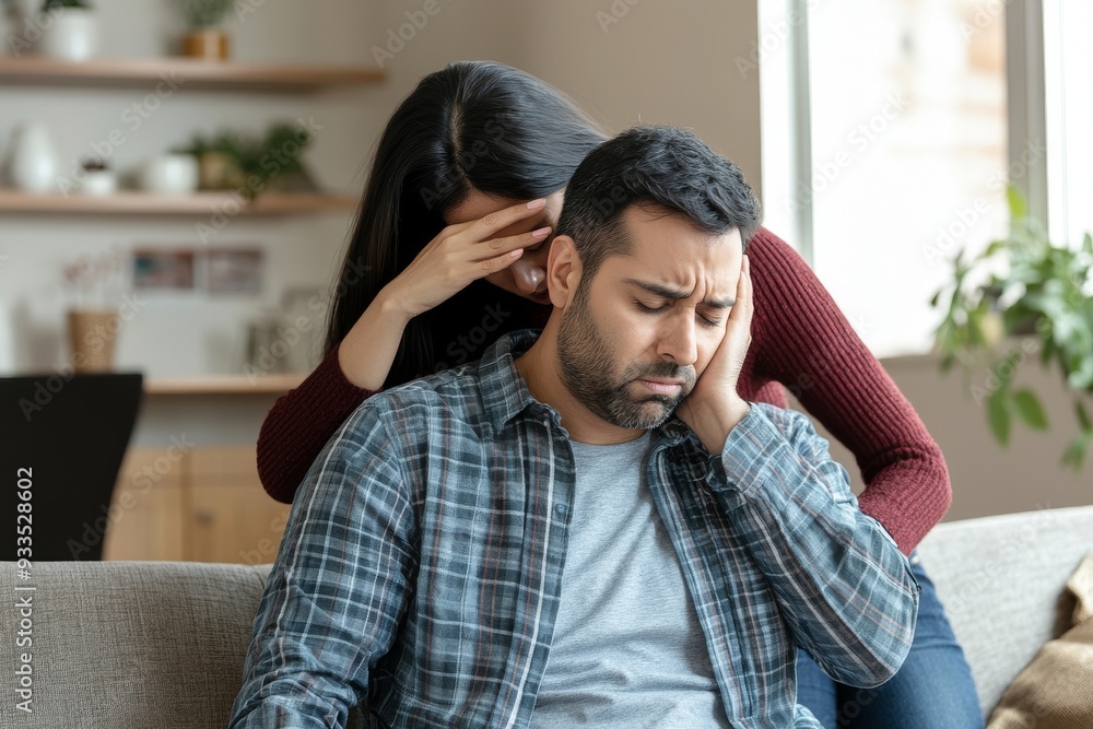 Loved Indian woman talking to husband and calming him, touching him, couple having quarrel on couch at home Loved Indian woman talking to husband and calming him, touching him, couple having quarrel on couch at home