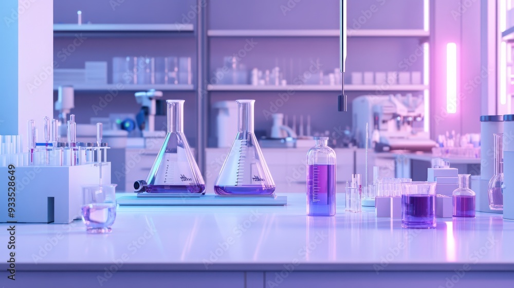 Naklejka premium Modern laboratory featuring advanced research tools and equipment, sleek design, spacious layout, ideal for innovation and collaboration, blank area for text integration
