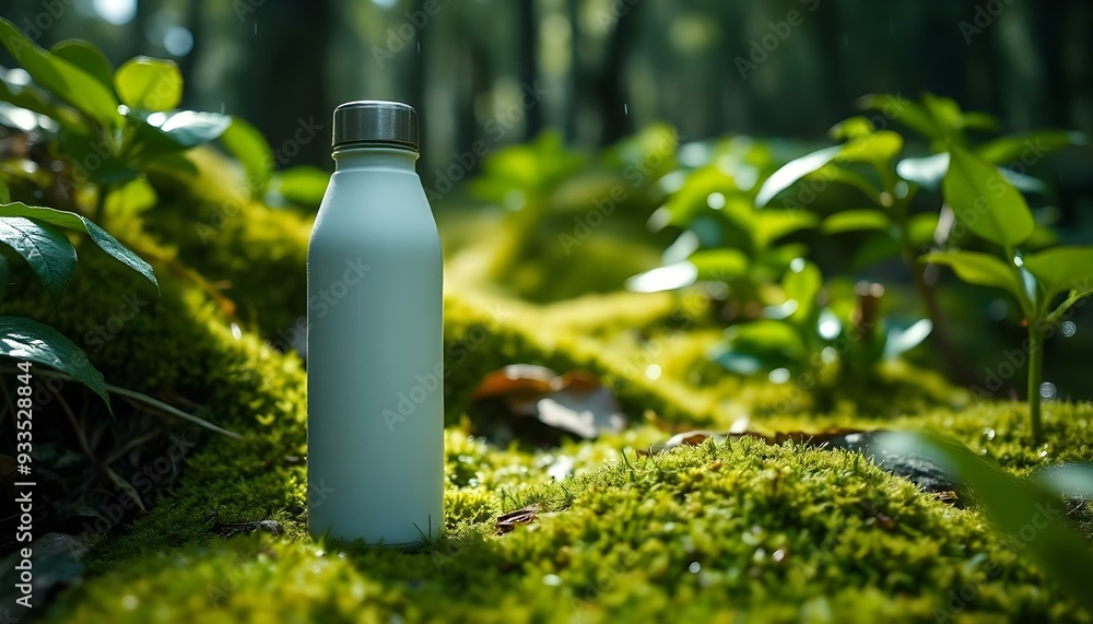 A white metal water bottle among moss-covered rocks in a tranquil forest setting A white metal water bottle among moss-covered rocks in a tranquil forest setting