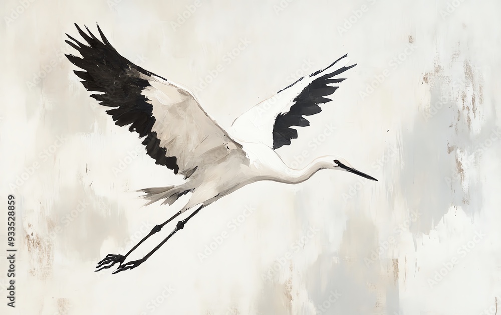 Obraz premium A graceful crane in flight, showcasing its stunning wingspan against a soft, abstract background.