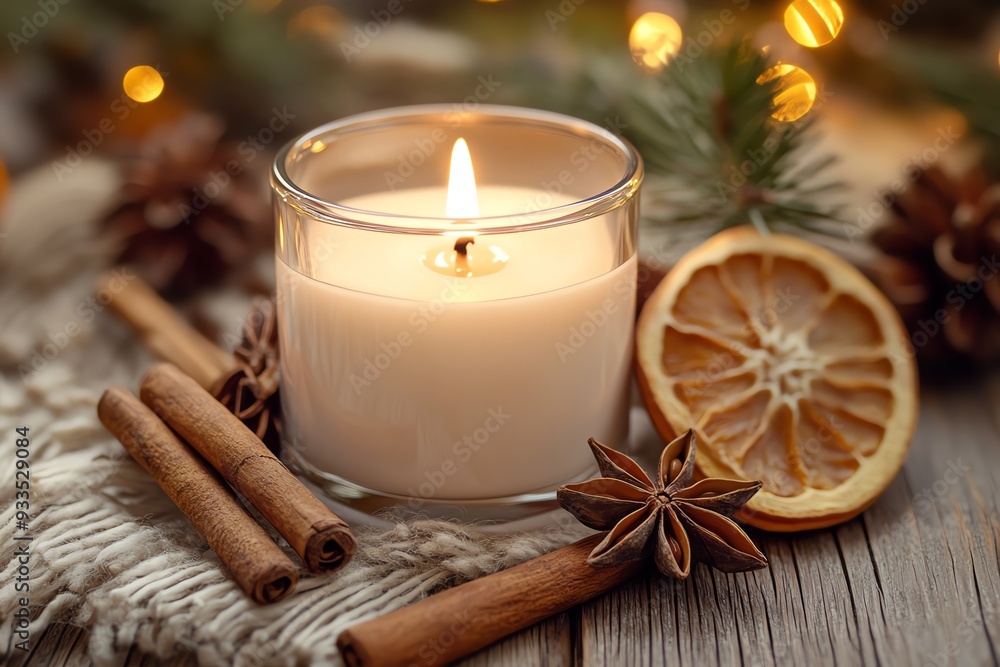 A cozy depiction of a candle surrounded by cinnamon sticks, star anise, and dried orange slices A cozy depiction of a candle surrounded by cinnamon sticks, star anise, and dried orange slices