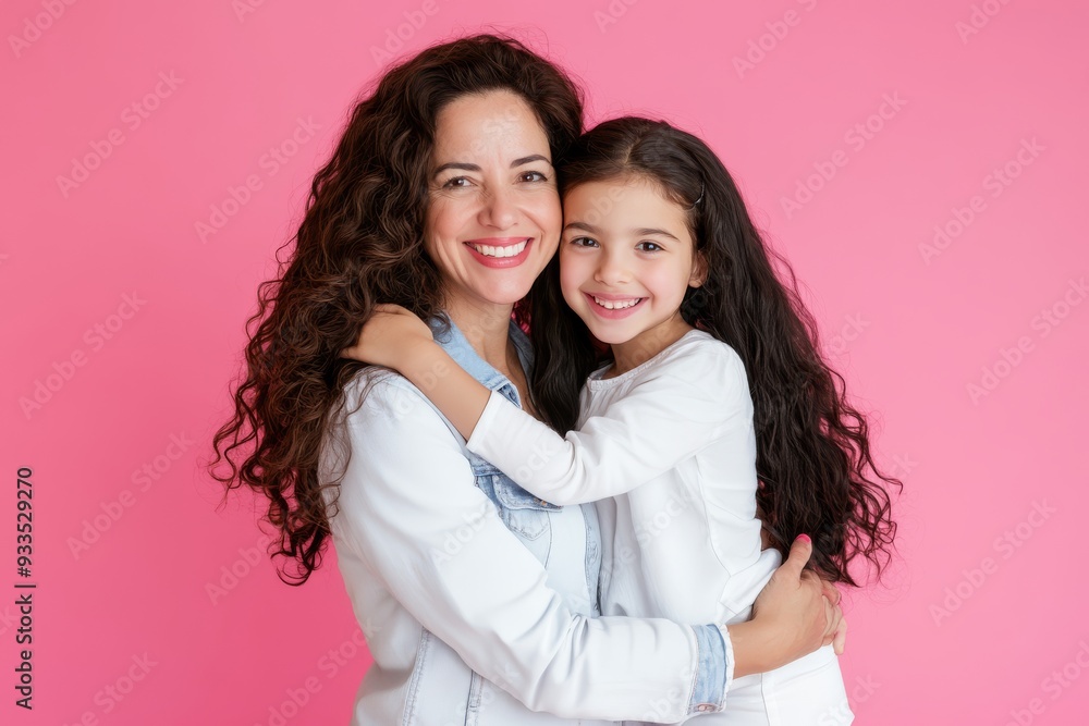 An excited mother poses with her preteen daughter, smiling and enjoying the moment, posing on a pink color studio background.