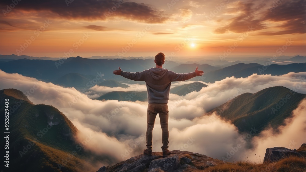 Man Standing on Mountaintop Above Clouds with Arms Outstretched at Sunset Man Standing on Mountaintop Above Clouds with Arms Outstretched at Sunset