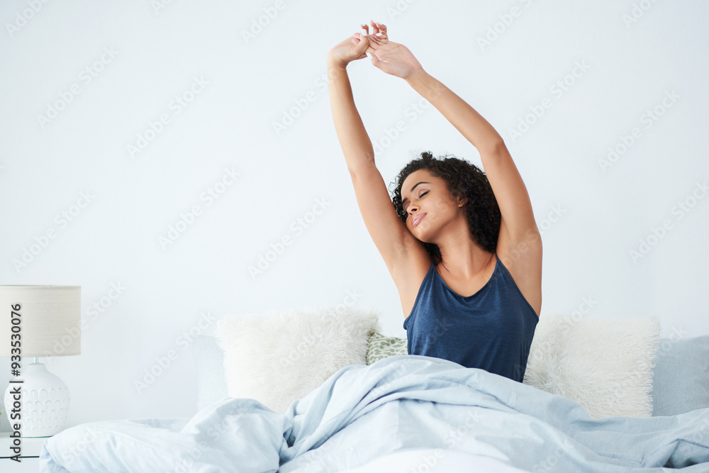 Woman, morning stretching and wake up in home bedroom after sleeping or rest. Relax, peace and comfort of happy African girl smiling with wellness and feeling fresh, awake and well rested in house Woman, morning stretching and wake up in home bedroom after sleeping or rest. Relax, peace and comfort of happy African girl smiling with wellness and feeling fresh, awake and well rested in house