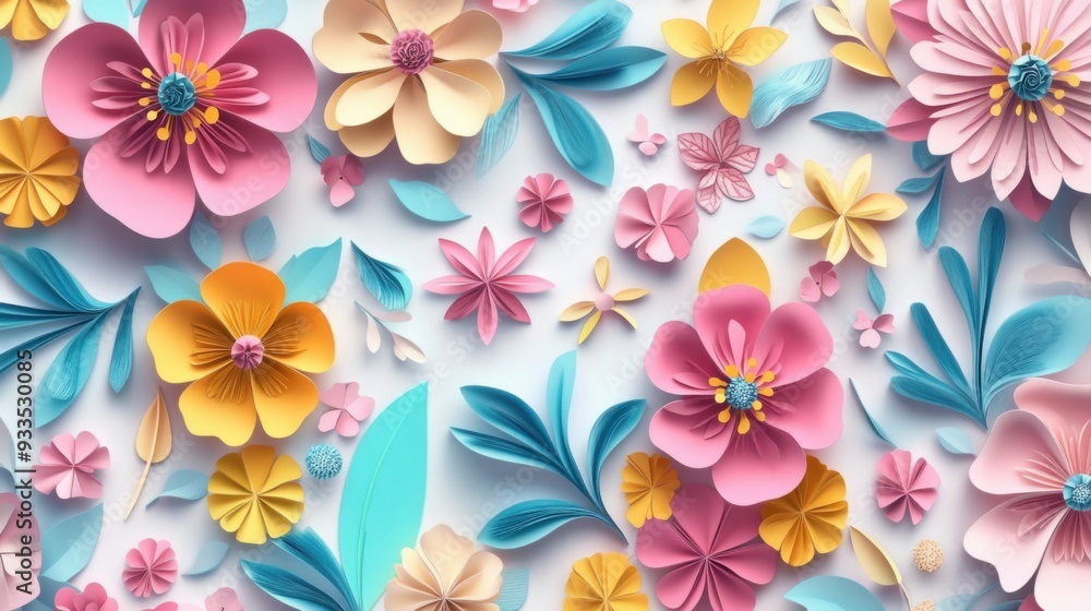 A vibrant arrangement of colorful paper flowers and leaves in various shapes, showcasing creative and delicate craftsmanship. A vibrant arrangement of colorful paper flowers and leaves in various shapes, showcasing creative and delicate craftsmanship.