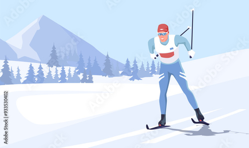 Illustration of a cross-country skier in a snowy landscape, with mountains and pine trees in the background. The athlete wears winter sports attire. Concept of winter sports. Vector illustration