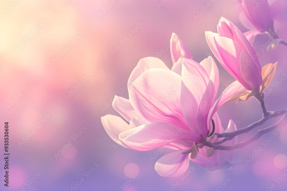 Beautiful blooming Chinese magnolia tree in spring garden. Closeup bloom flowers on sunny day. Woman's or Valentine Day. Romantic floral background for design greeting card, banner, poster, wallpaper Beautiful blooming Chinese magnolia tree in spring garden. Closeup bloom flowers on sunny day. Woman's or Valentine Day. Romantic floral background for design greeting card, banner, poster, wallpaper