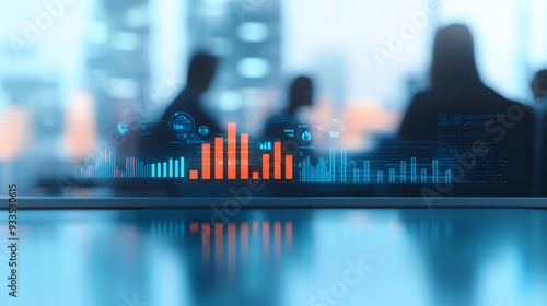 Abstract visualization of financial data with colorful bar graphs against a blurred office backdrop, ideal for business themes.