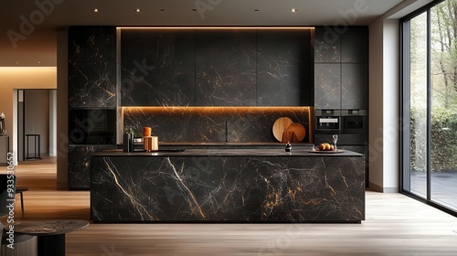 sleek dark marble kitchen island in minimalist space soft bokeh lights create warm ambiance emphasizing luxury and modernity photo