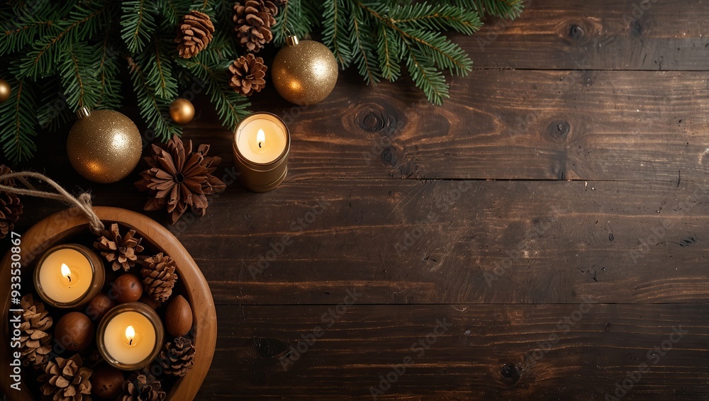 Christmas background with wooden decorations and candles. Free space for text Christmas background with wooden decorations and candles. Free space for text