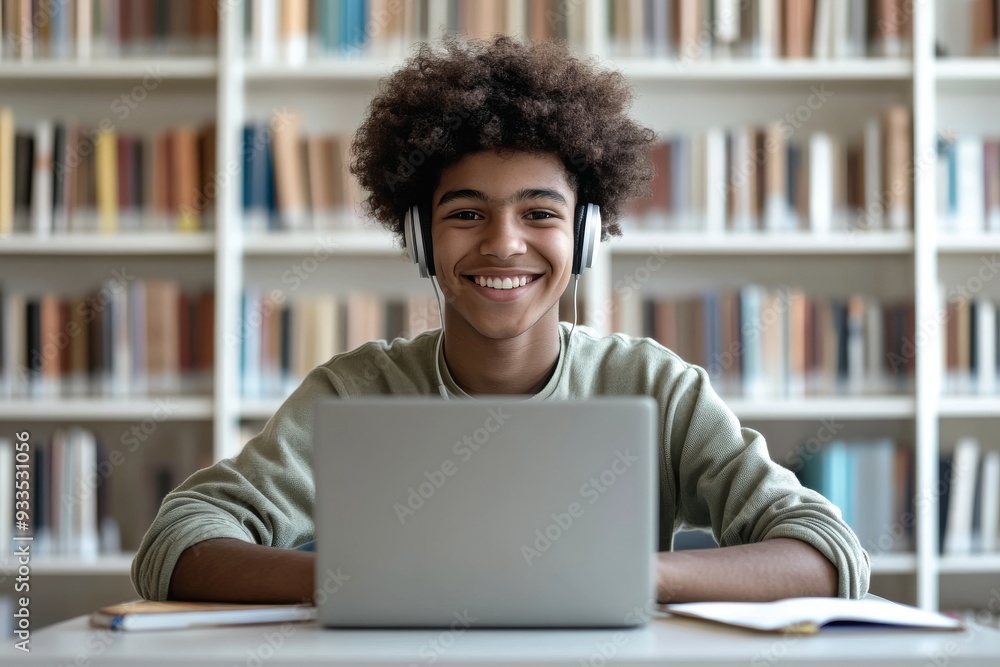 Positive Black male student reading a book in a university library while using a laptop to research information for a project, seated at a desk with a laptop Positive Black male student reading a book in a university library while using a laptop to research information for a project, seated at a desk with a laptop