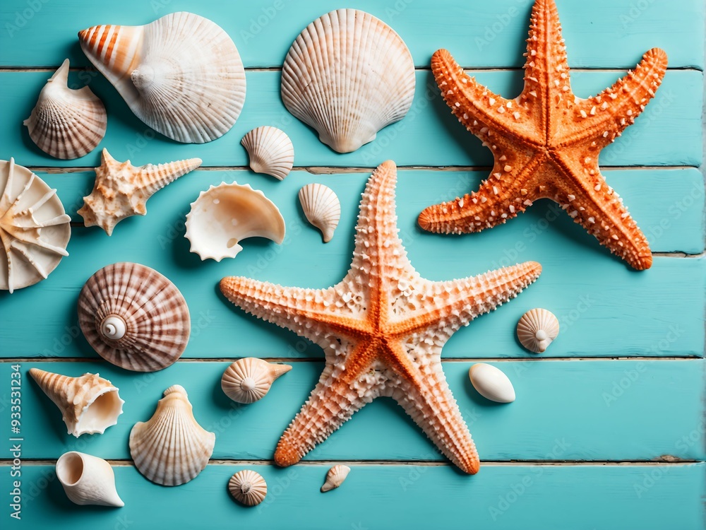 Summer time concept Flat lay composition with beautiful starfish and sea shells on colored table, top view. Summer time concept Flat lay composition with beautiful starfish and sea shells on colored table, top view.